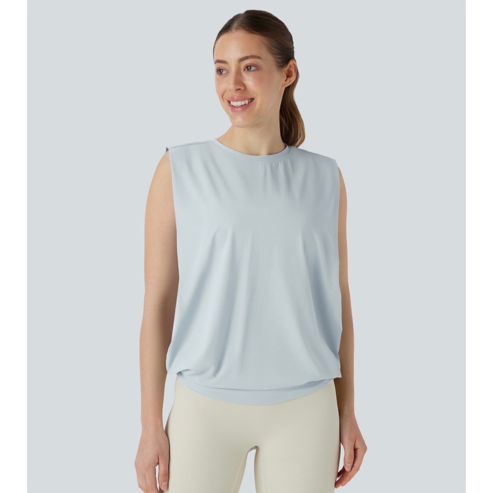 Halara Round Neck Ruched Cool Touch Yoga Tank Top UPF50+ Blue Large